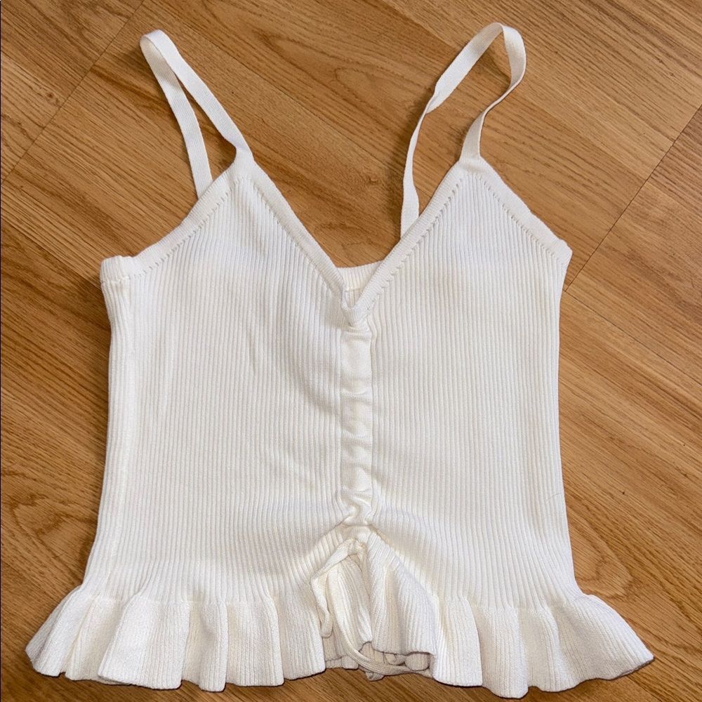 Ribbed White Sleeveless Top Ruched Size Large Cropped